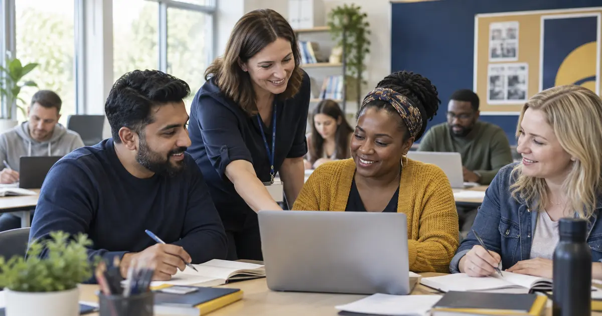 Adult learners studying together with support from a college tutor