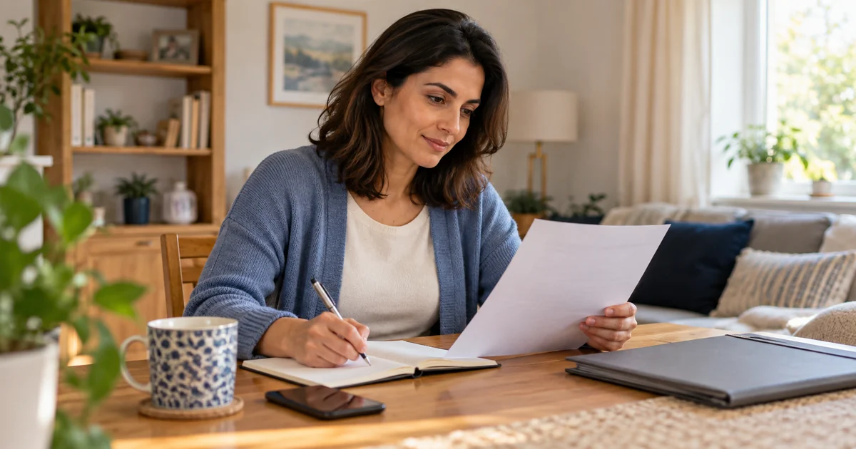 Adult student writing notes while reviewing a letter at home