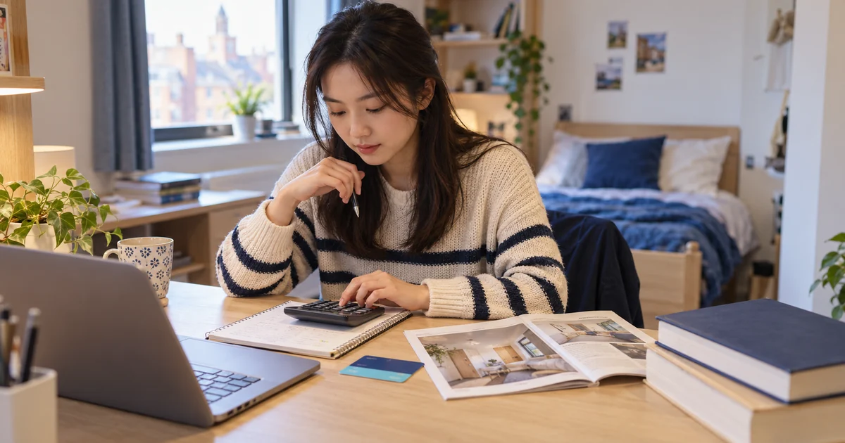Student planning study costs with a calculator, accommodation brochure and textbooks