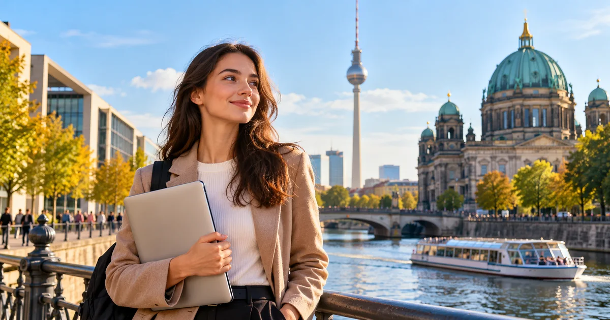 AI-generated illustration of a graduate holding a laptop beside the River Spree in Berlin, with Berlin Cathedral and the TV Tower in the background