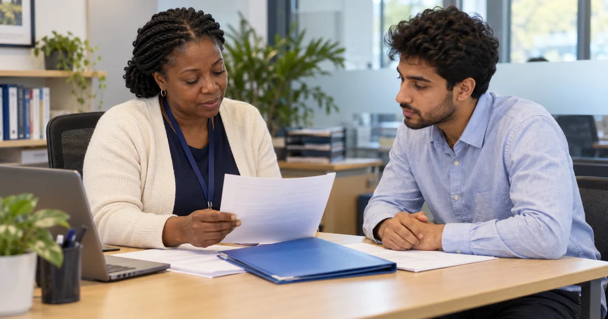 Applicant and university adviser reviewing documents at a desk