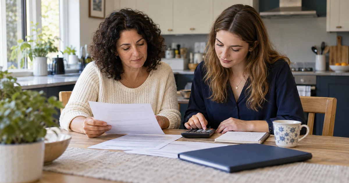 Parent and adult student reviewing household paperwork with a calculator