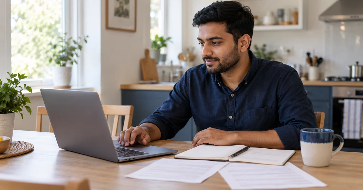 Adult applicant using a laptop with application papers and a notebook at home