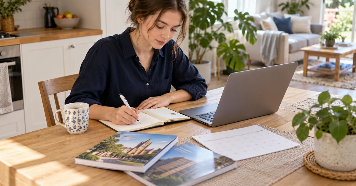 Applicant preparing a university application with a laptop, planner and calendar
