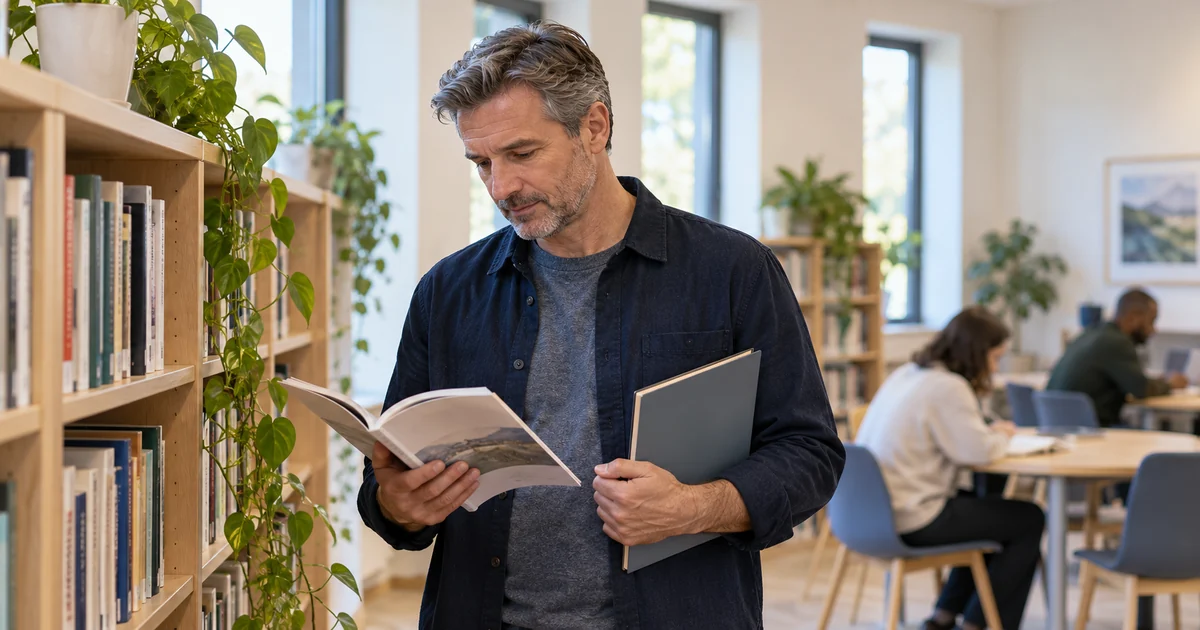 Adult learner reading a course booklet in a bright learning centre