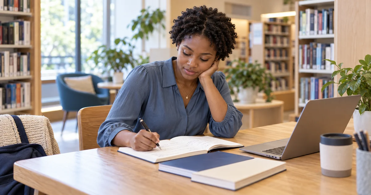Student drafting notes for a personal statement in a library