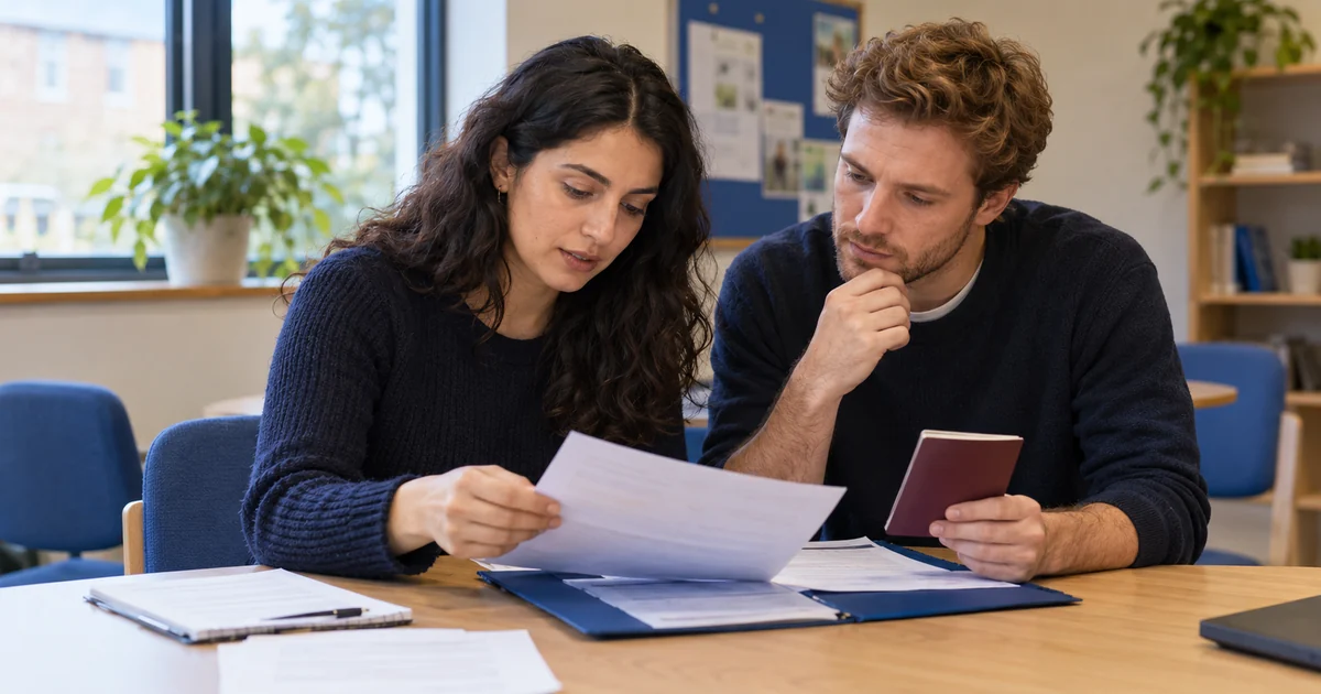 Two adult applicants reviewing documents together in an advice room