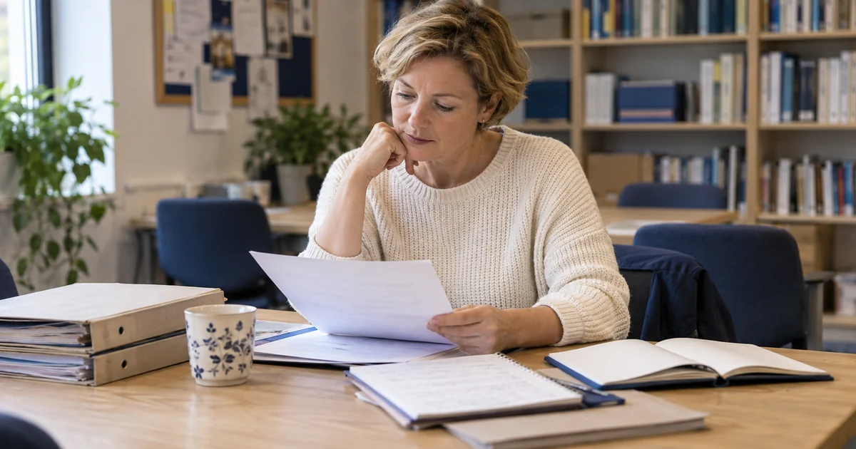 Mature learner reviewing previous study records and a current study notebook