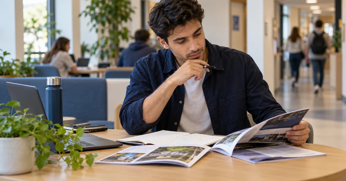 Student comparing course brochures in a university common room