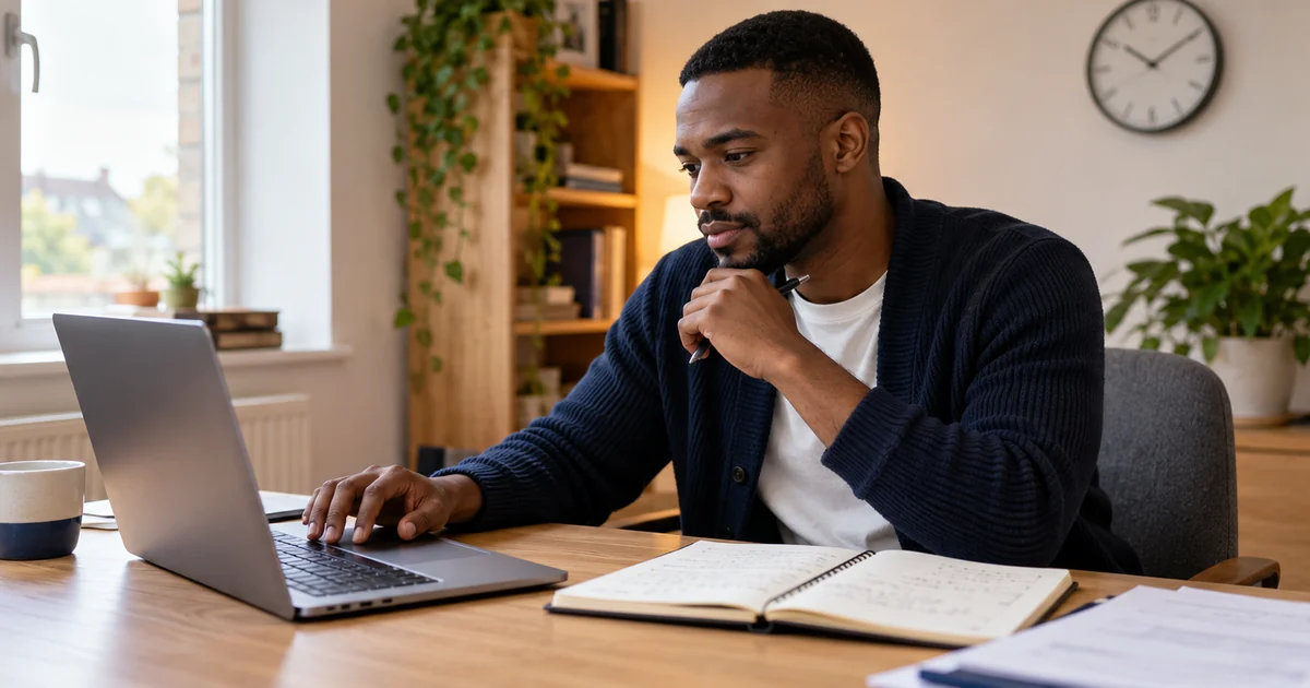 Adult student checking a laptop with application notes and documents beside it