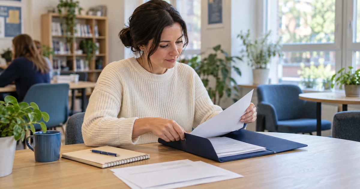 Adult student organising papers in a folder in a shared study room