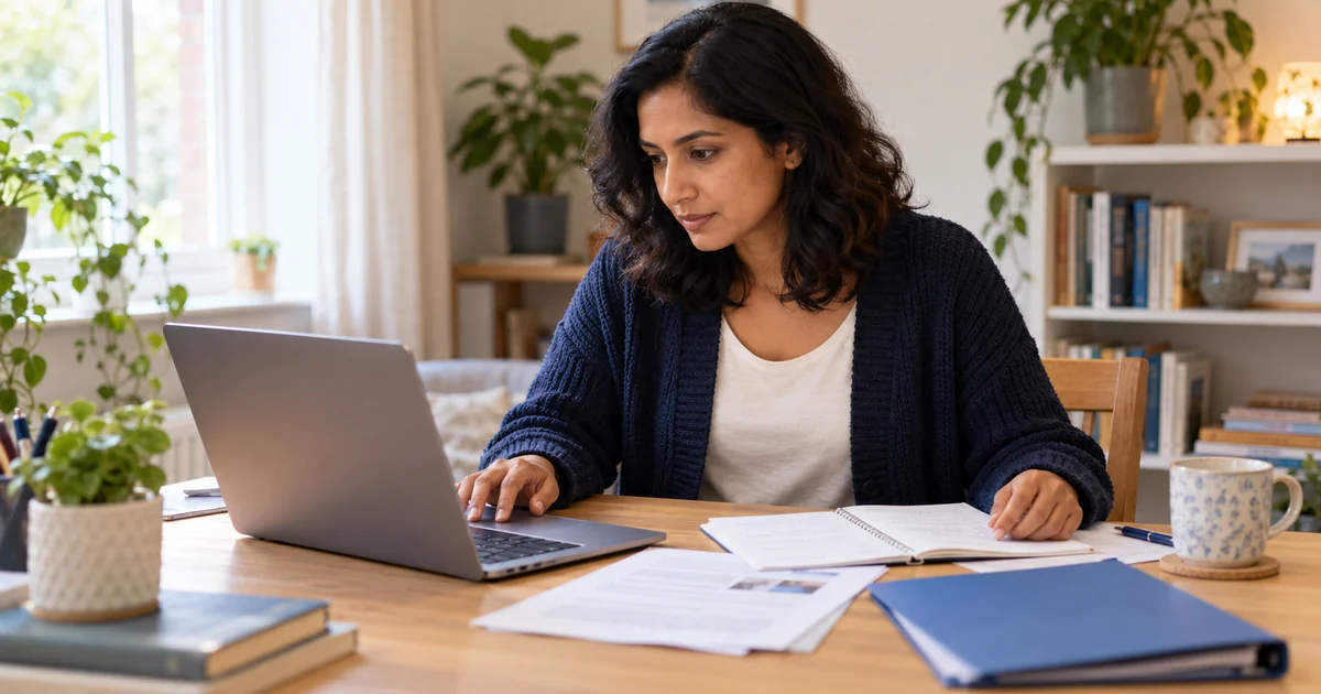 Adult applicant reviewing application details at a laptop at home