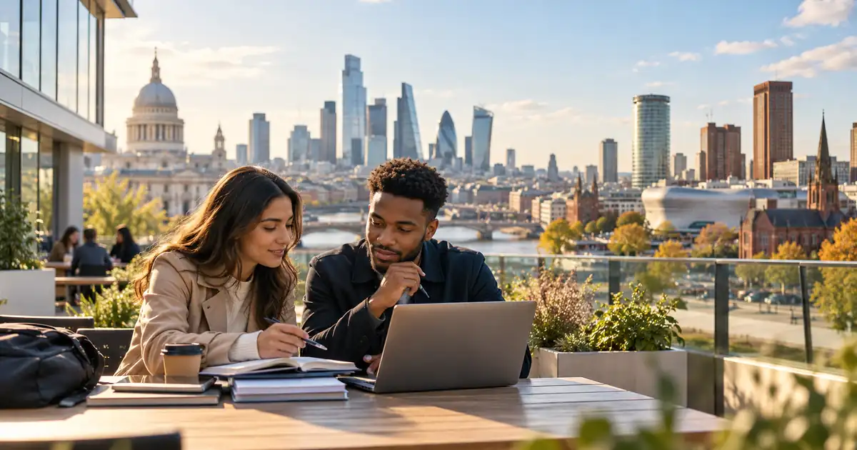 AI-generated editorial illustration of students working together against a stylised London city skyline, not a UWTSD campus