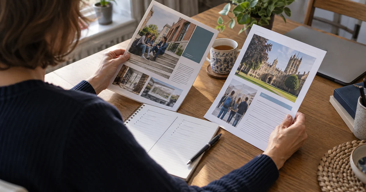 Adult learner comparing college and university course information at a desk