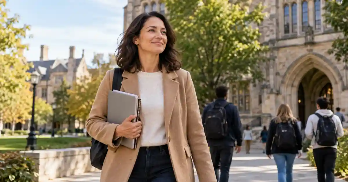 Mature student walking on a UK university campus