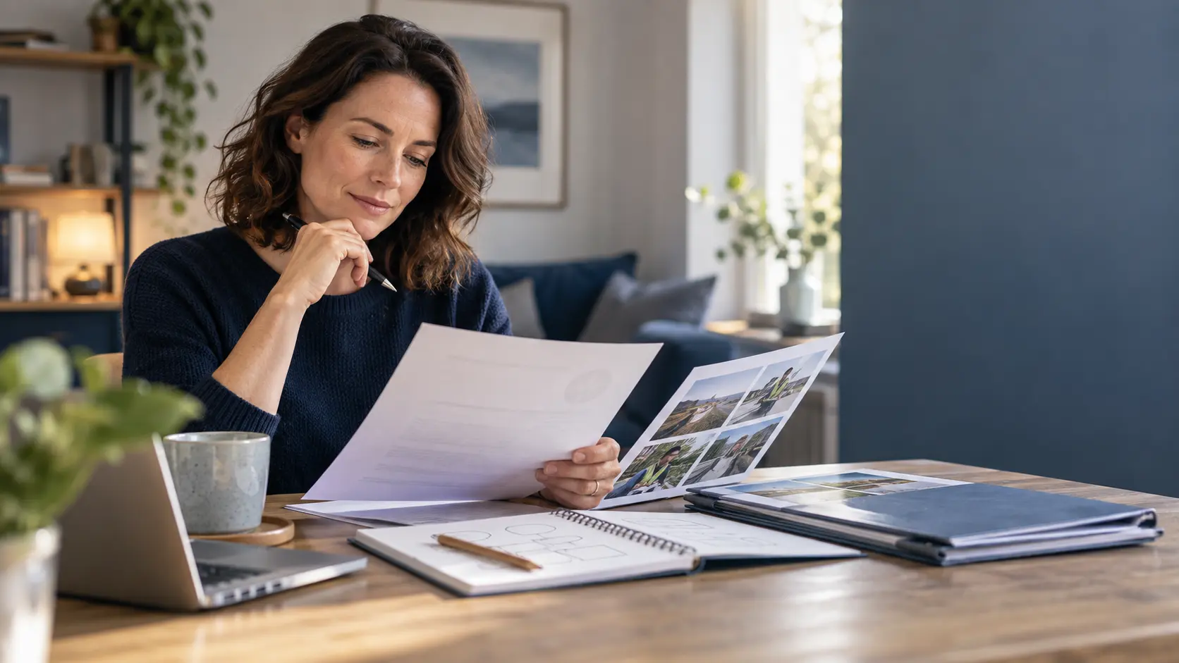 Adult learner reviewing previous study and work evidence at a desk