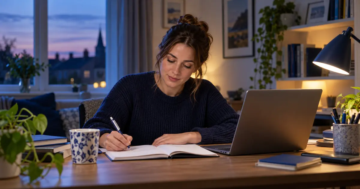 Adult learner reviewing course materials at a desk after work